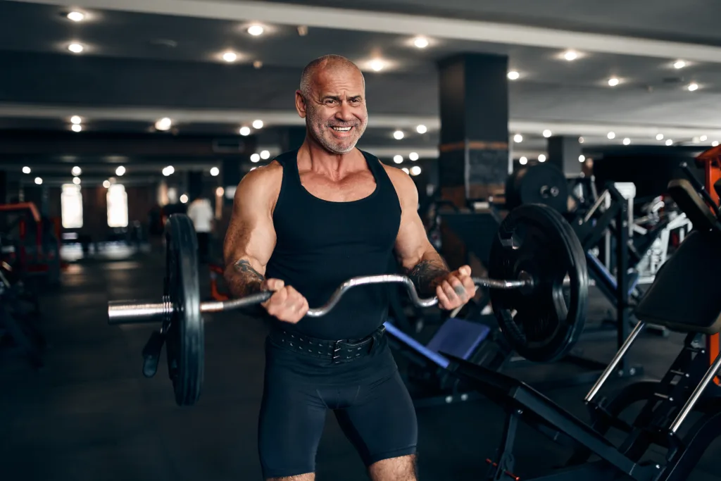 Muscular older bald Caucasian man working out in gym doing exercises with barbell at biceps.