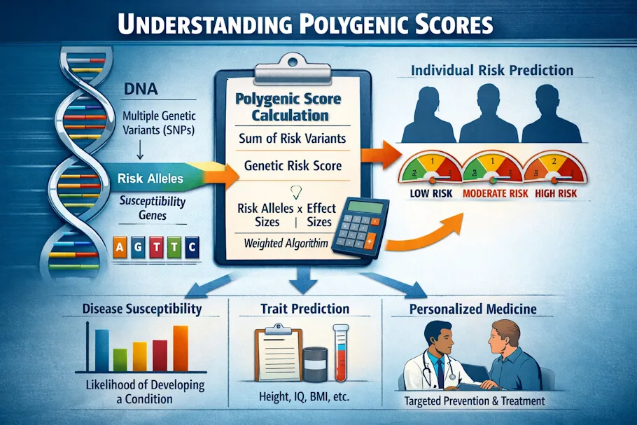 infographic-style illustration titled Understanding Polygenic Scores set against a blue background. On the left, a large, colorful DNA double helix stands vertically, labeled with references to multiple genetic variants (SNPs) and risk alleles, visually suggesting small genetic differences within DNA.