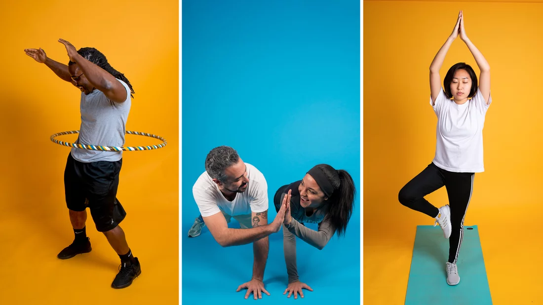 3 different images of people performing exercise (hulahoop, couple doing pushups, yoga)