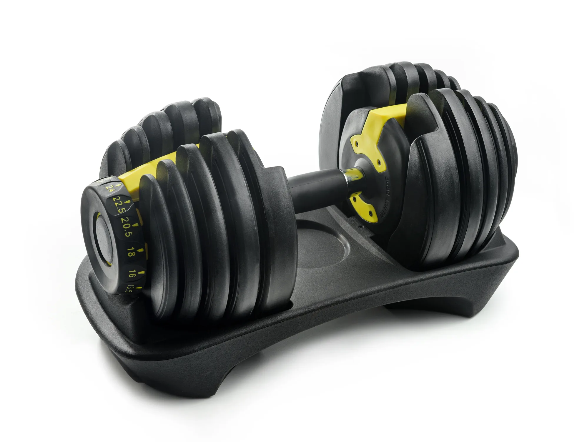 Modern adjustable dumbbell isolated on white background.