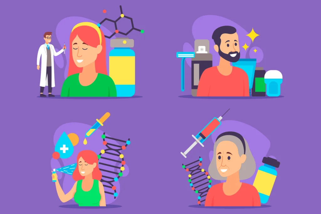 Colorful illustrations of various beauty and health themes