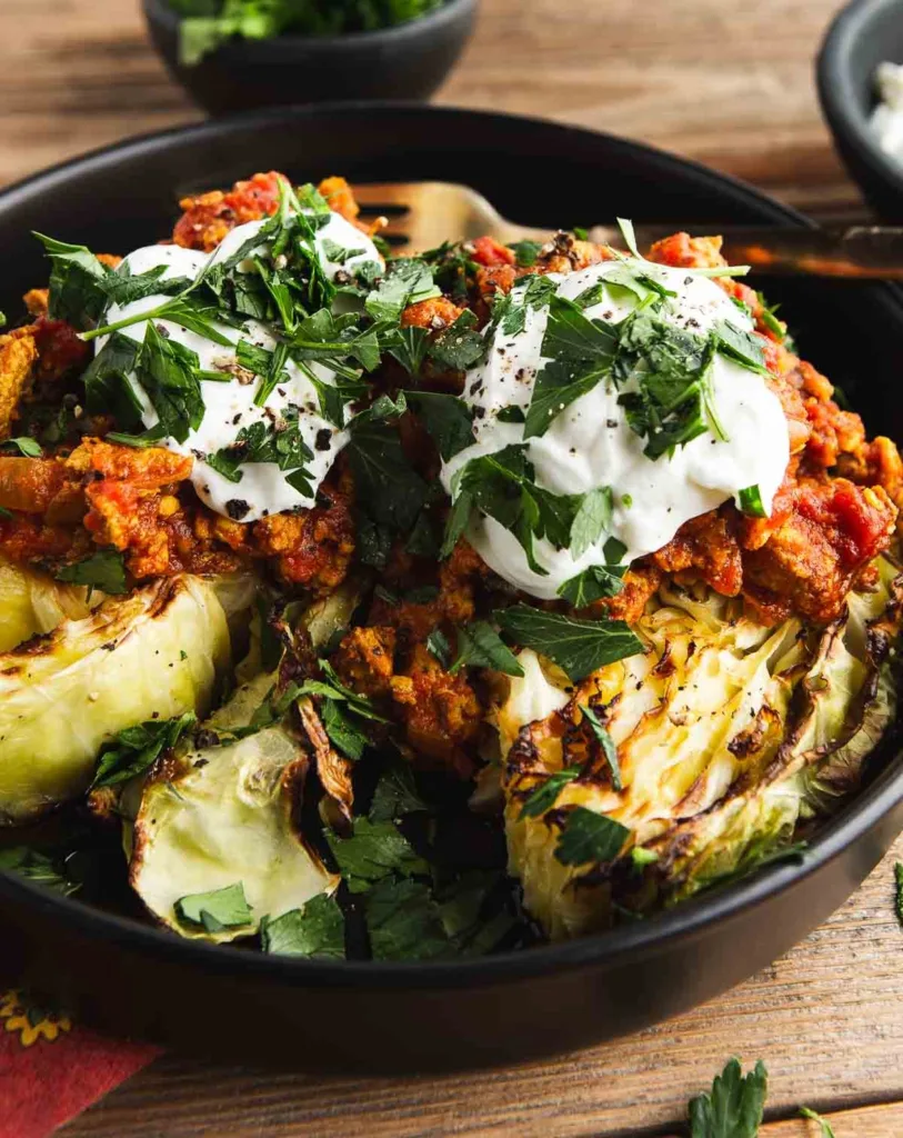 Indian Spiced Ground Chicken Breast with Roasted Cabbage Steaks