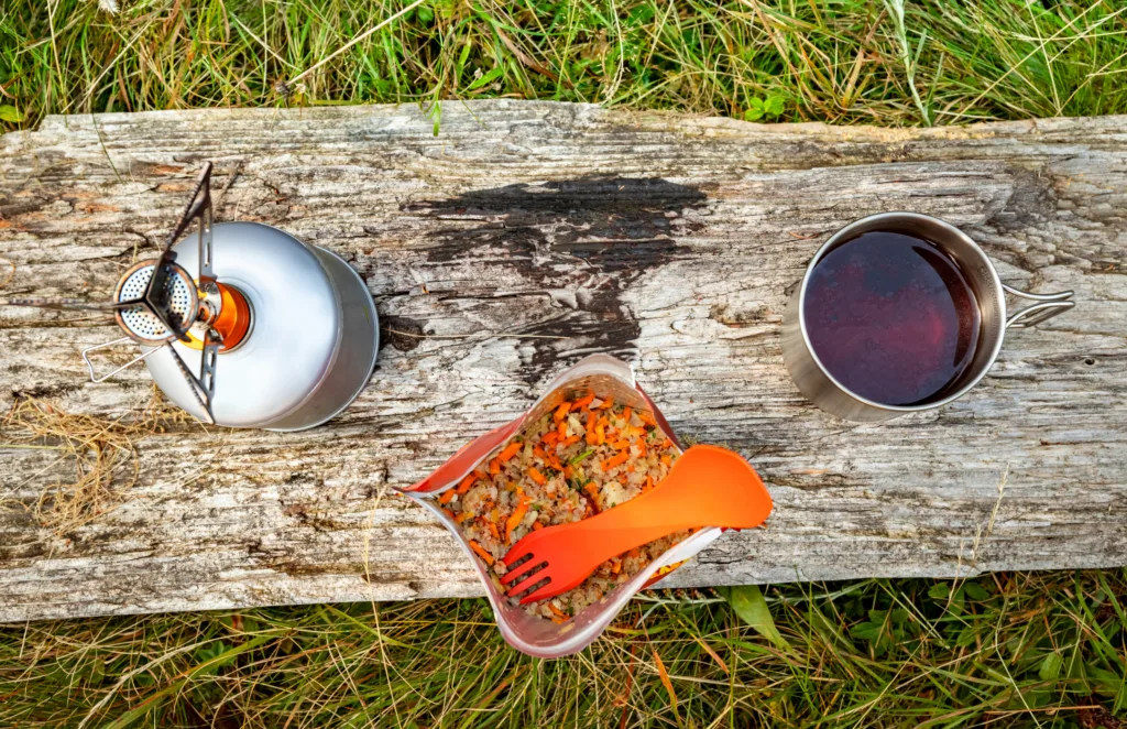 Equipment for camping and cooking on a mountain hike.