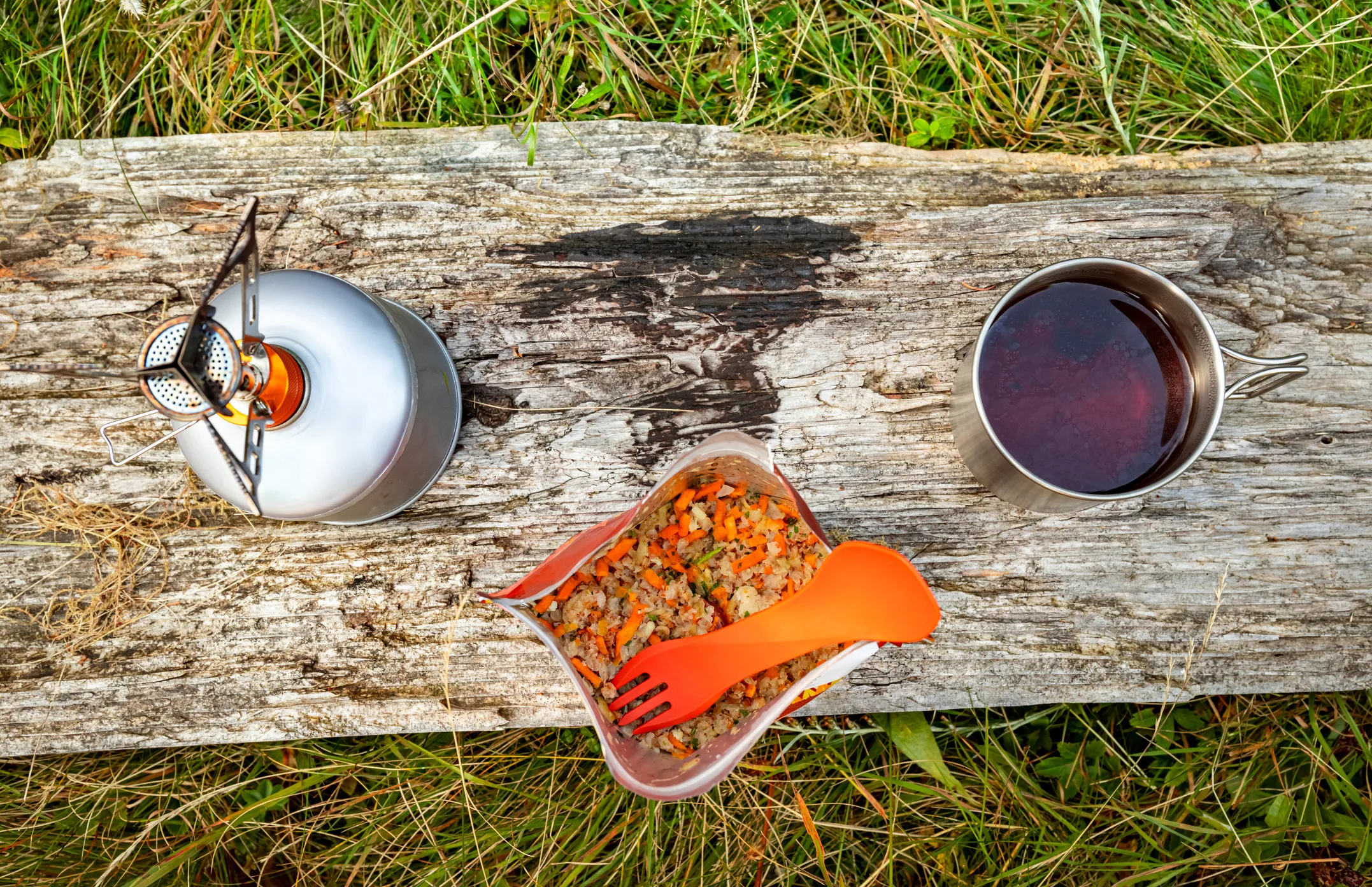 Equipment for camping and cooking on a mountain hike.