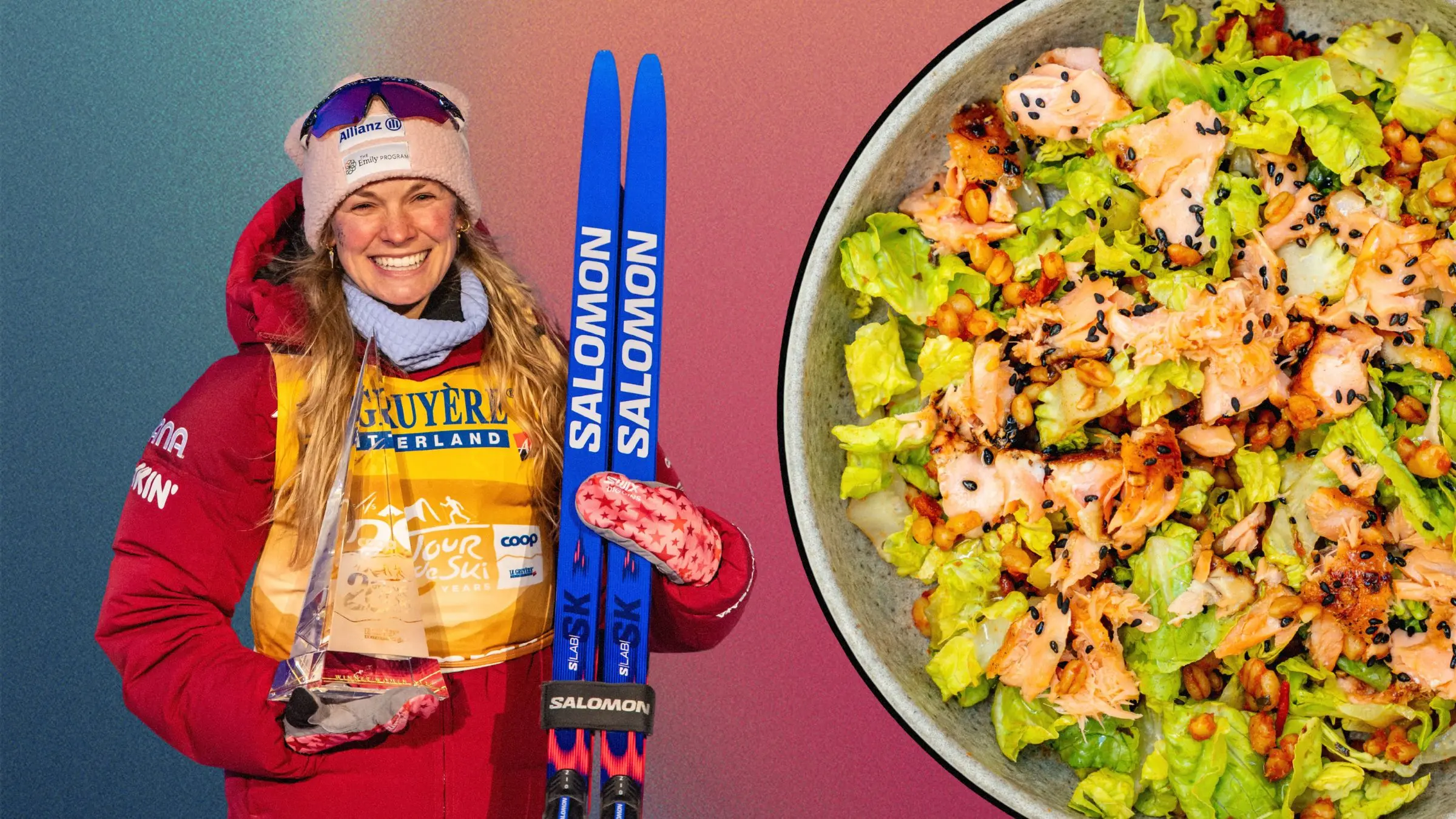 Jessie Diggins holding skis next to image og Salmon MIso Grain Bowl