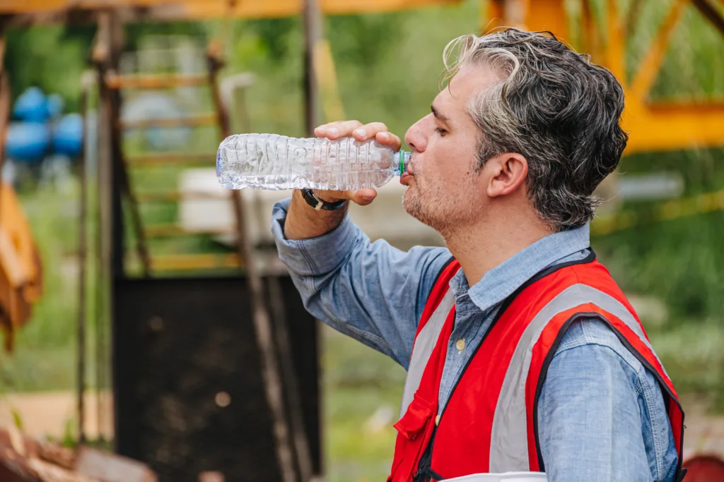 Construction worker in a hard hat and safety vest drinking water, staying hydrated during work on a building site.