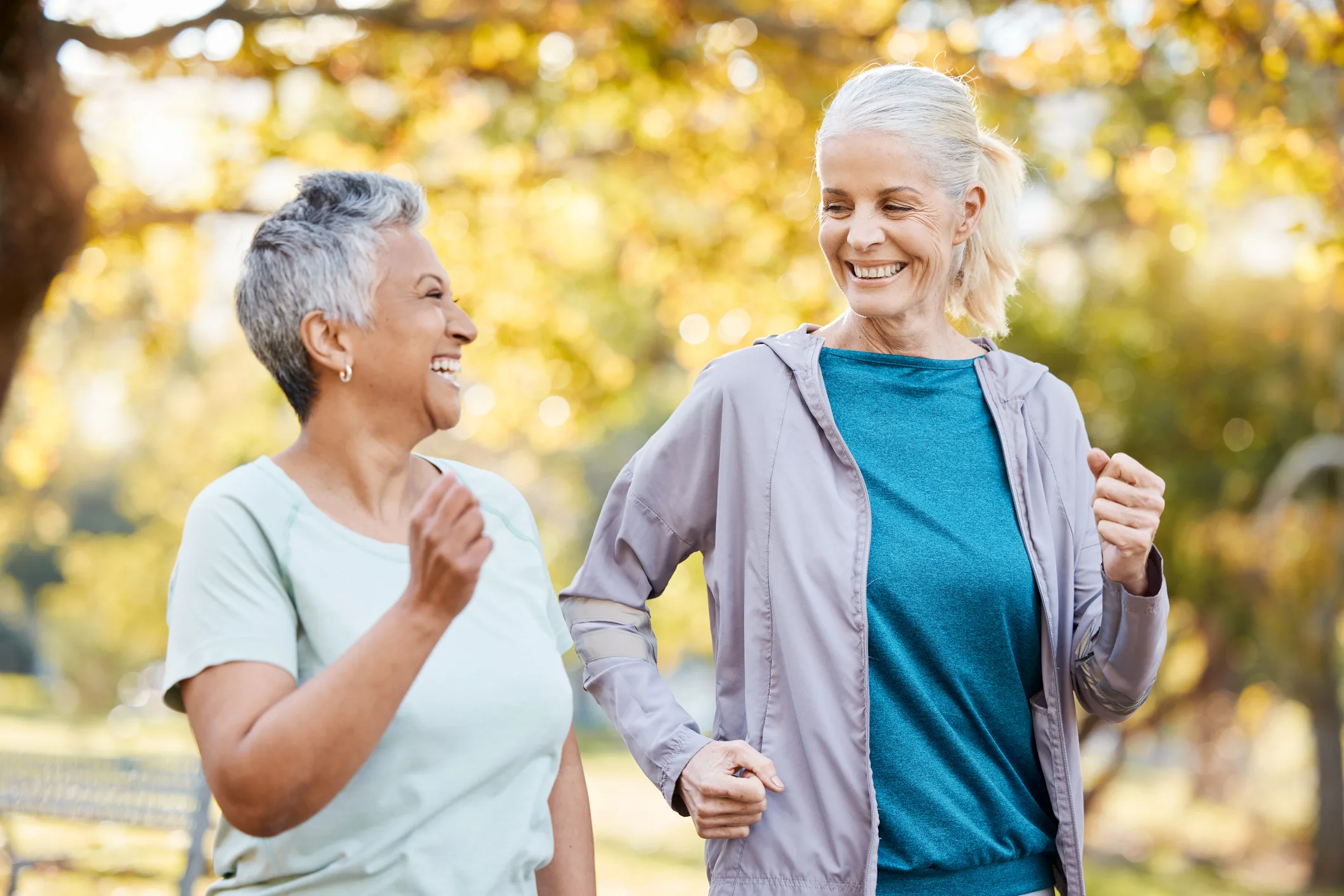 Fitness, friends and running with old women in park for health, workout and exercise. Wellness, retirement and happy with senior people training in nature for motivation, sports and morning cardio