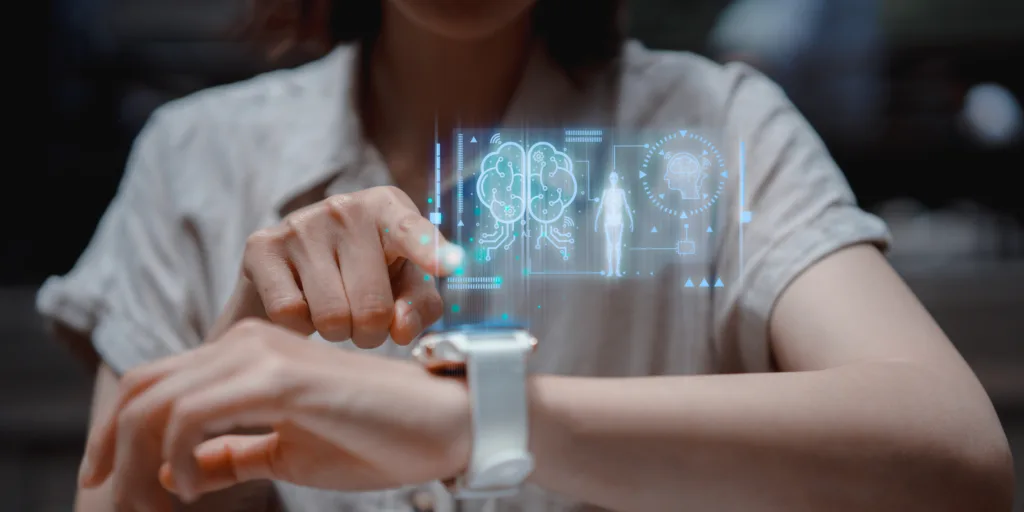 Smartwatch health check with digital system on modern virtual screen. Wristwatch brain monitor checking for tracking health condition. Healthcare, Medical technology and futuristic concept.