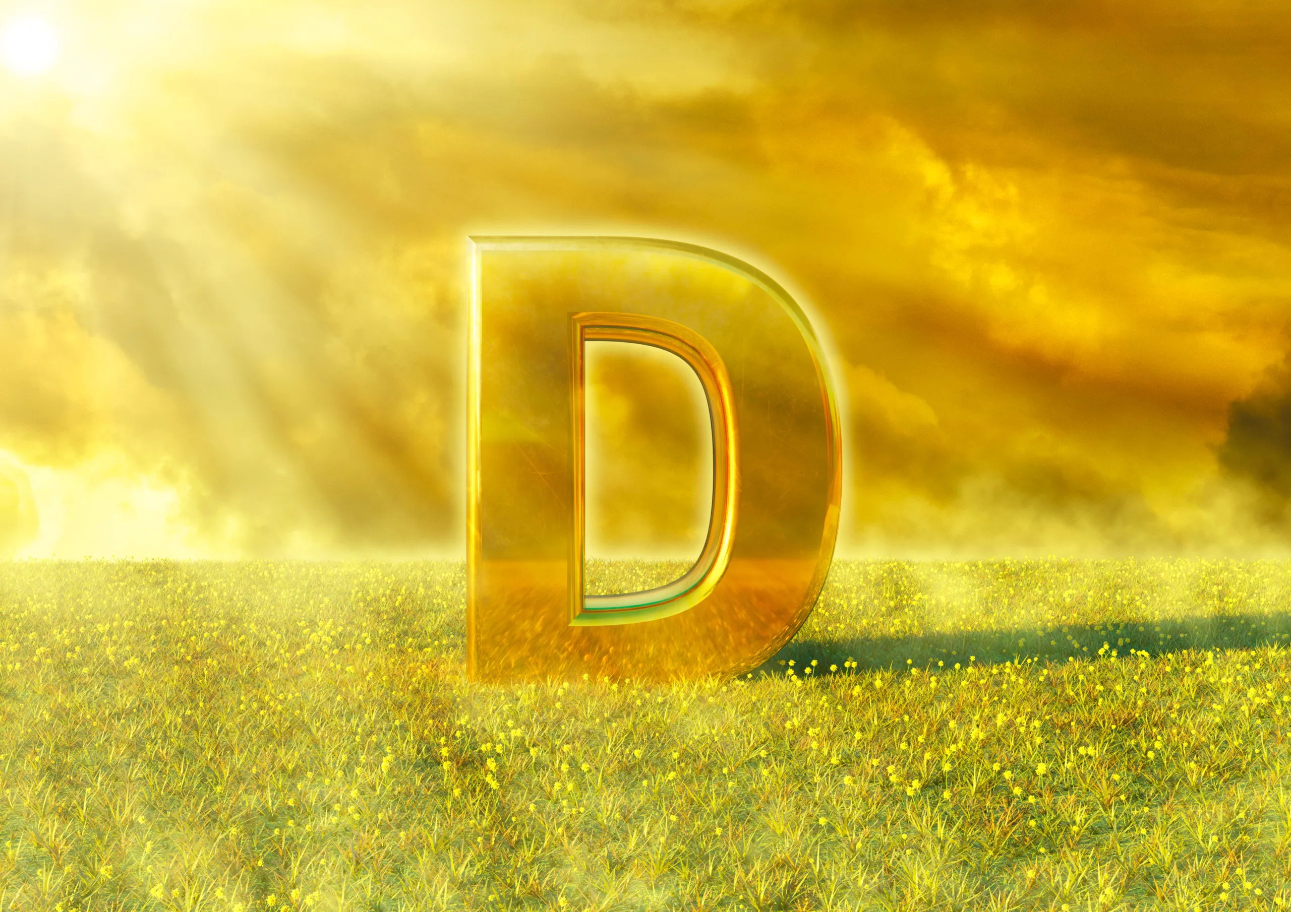 Vitamin D illuminated by the rays of the sun on grass. Sunlight is an excellent source of this nutrient that strengthens the immune system