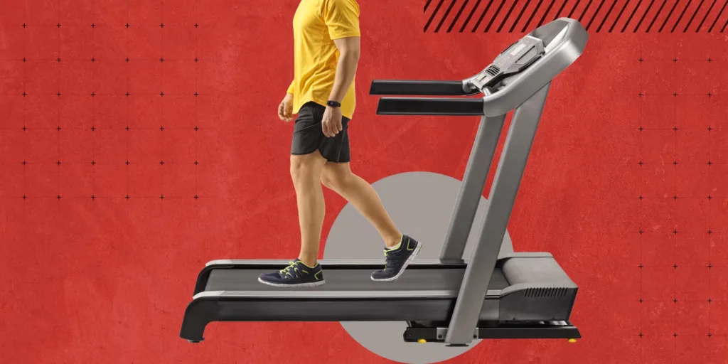 Man walking backwards on a treadmill in gym clothes
